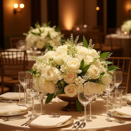 結婚式のテーブルを飾る豪華な花 (Gorgeous floral centerpiece at a wedding reception)